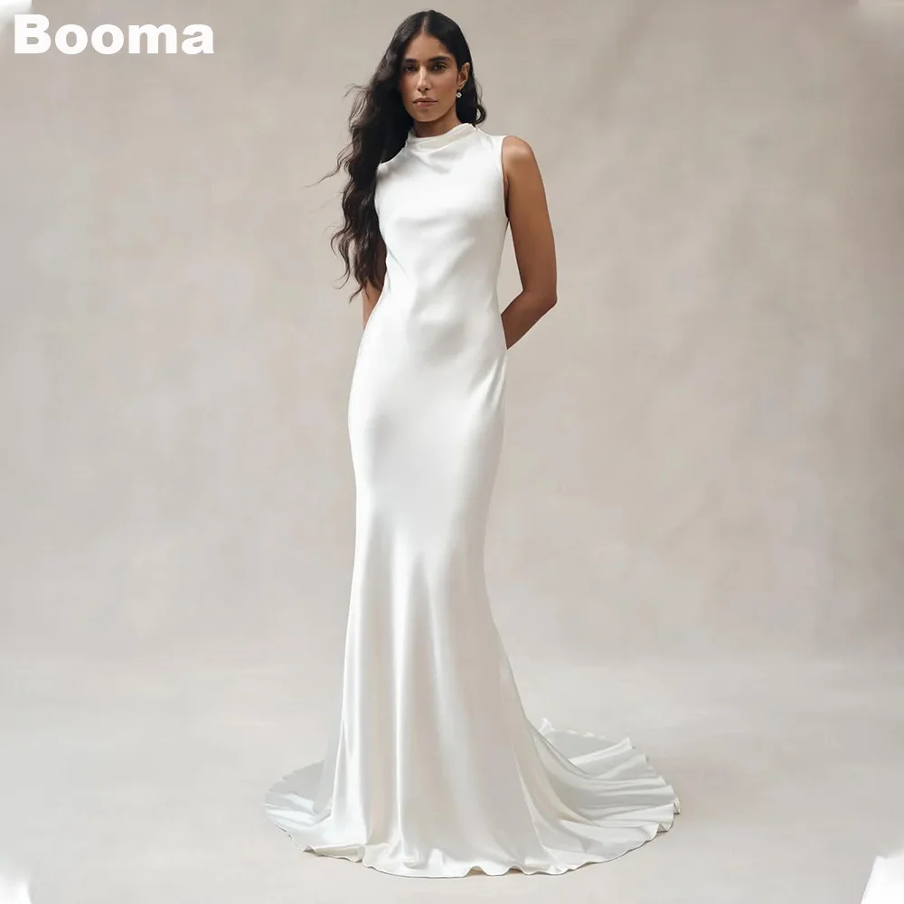 

Booma Elegant Mermaid Wedding Dresses O Neck Sleeveless Backless Brides Party Gowns for Women Sweep Train Bridals Evening Dress