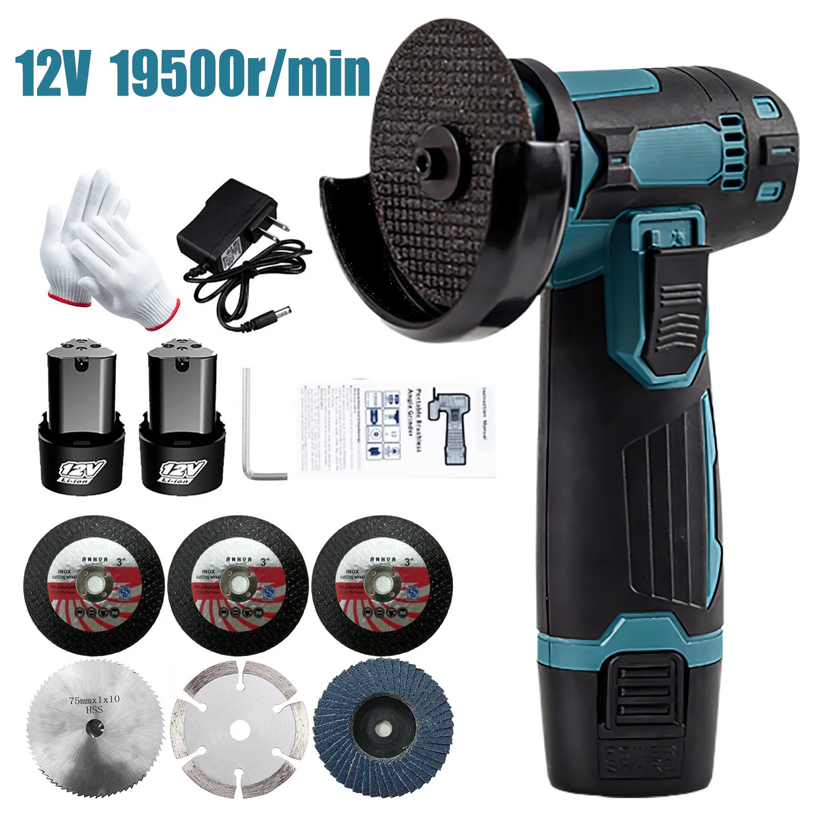 12V Cordless Electric Angle Grinder 500W 19500rpm Mini Polishing Grinding Machine Diamond Cutting Power Grinder With 2 Battery