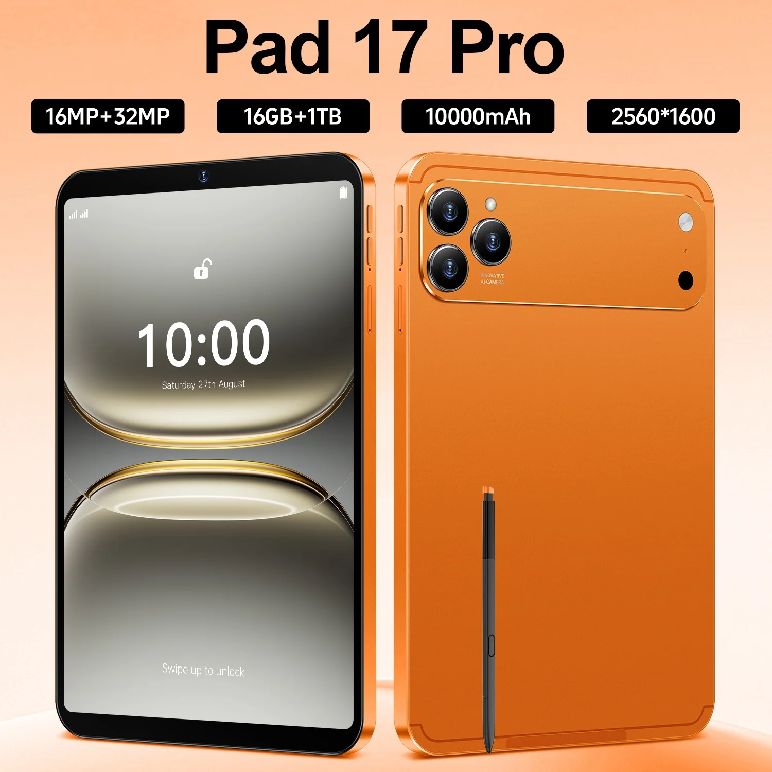 

Новый планшет 2026 Pad 17 Pro с HD-экраном 10.1 дюйма, Snapdragon 8 Gen3, Android 15, 16 ГБ ОЗУ, 1 ТБ ПЗУ, 5G, две SIM-карты, аккумулятор 10000 мАч, камера 32 МП, Type-C