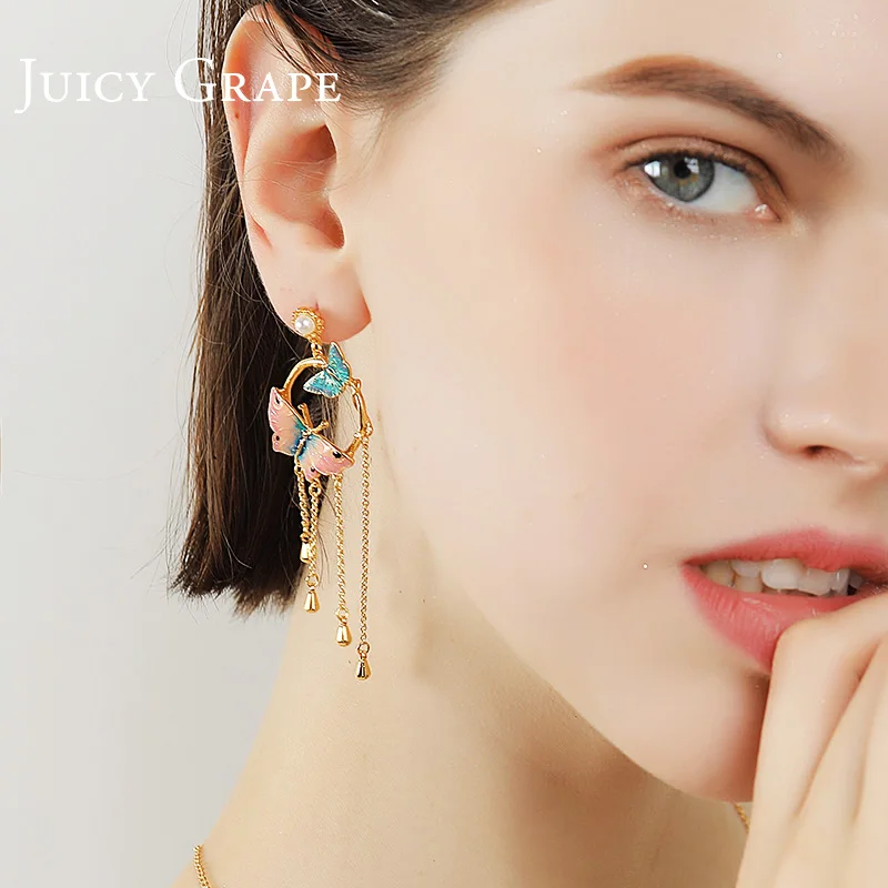 JUICY GRAPE 2024 New Trendy Butterfly Earring for Women Elegant Long Tassel Ear Pendants Stud and Clip Jewelry