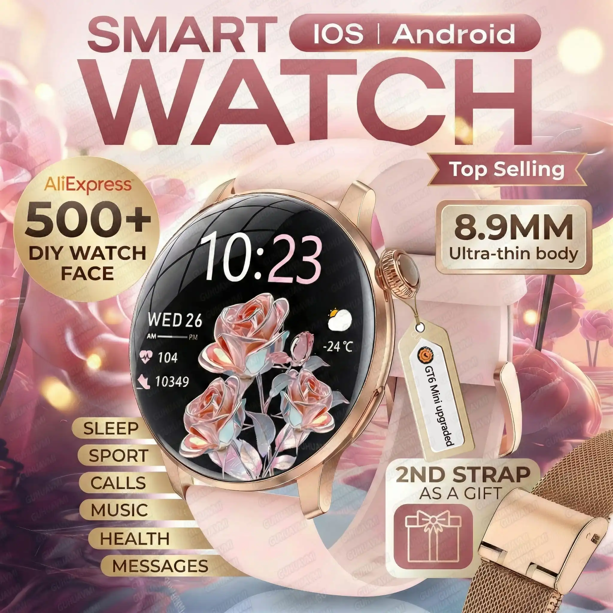 

2026New GPS Smart Watch Women 8.9MM Ultra-thin AMOLED Screen 500+Watch Face Voice Call Sport Health Waterproof Smartwatch Ladies