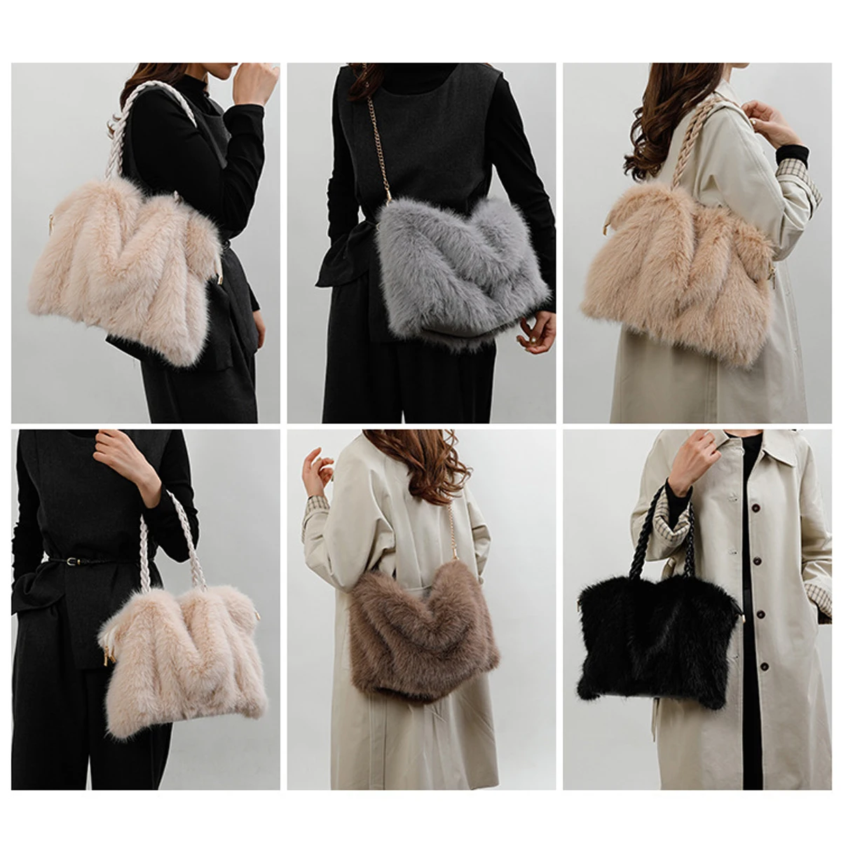 Women\'s Fashionable Plush Large Capacity Tote Bag High-end Pleated Fox Fur Shoulder Crossbody Bag Commuter Bag with Metal Chain