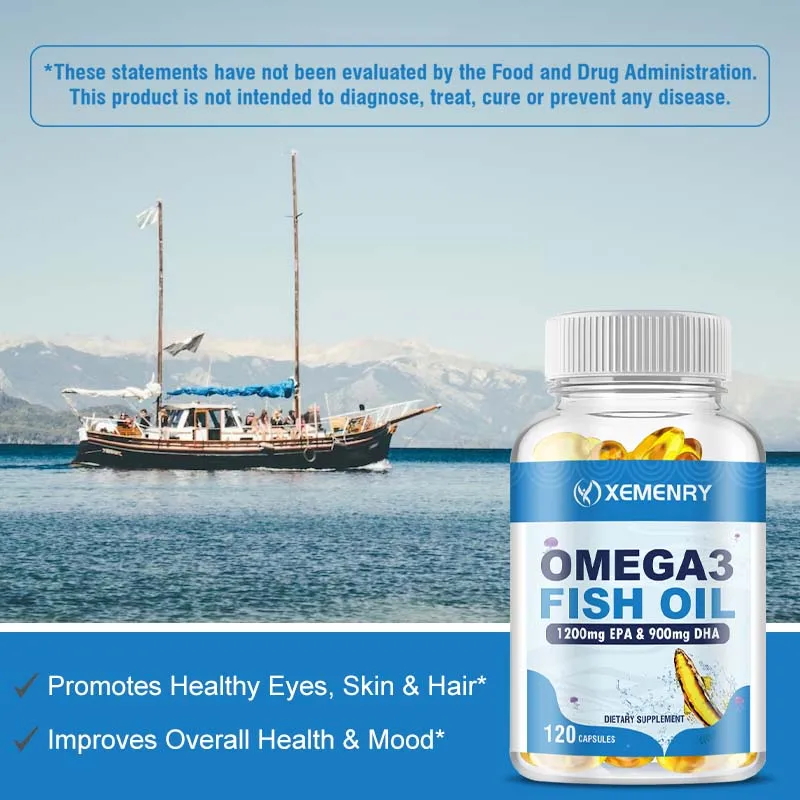 Omega 3 Fish Oil Supplement - DHA, EPA - Joint, Eye, Skin Health, Immune Support - 120 Capsules