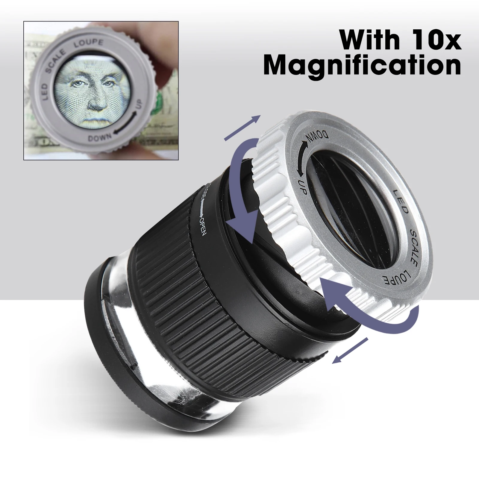 Professional Jewelers Scale Loupe 10x Magnification LED & UV Light, Dual Lens with Detachable 20mm/Inch Scale, Precision Tool