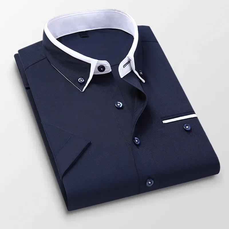 BROWON Plus rozmiar 5XL letnia koszula biznesowa męska z krótkim rękawem zapinana na guziki koszula skręcić w dół kołnierz koszule na co dzień odzież męska — zdjęcie 2
