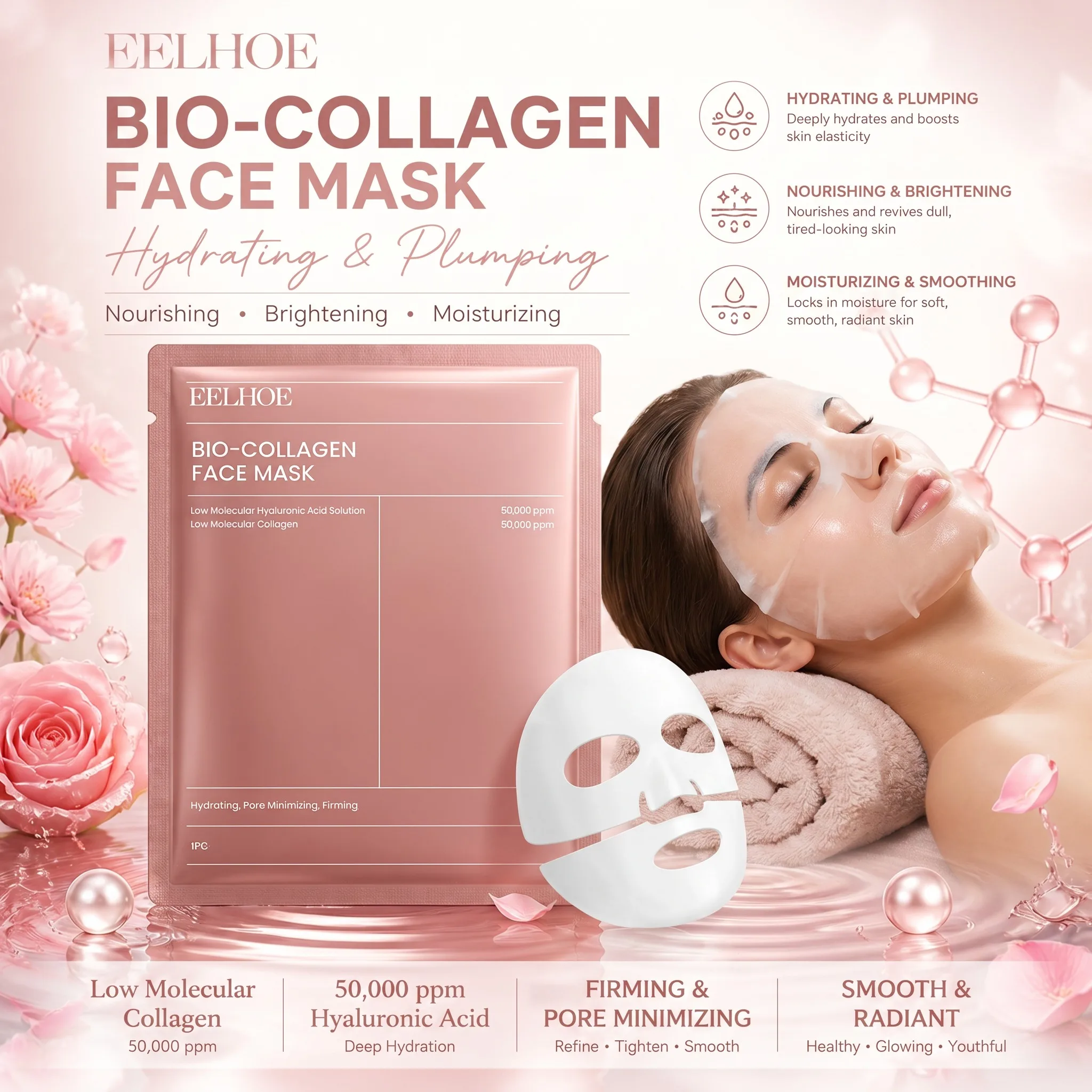 Mascarilla Facial de Bio-Colágeno, Hidratante y Nutritiva, Reafirmante de la Piel, Iluminadora del Tono de Piel, Productos para el Cuidado Facial