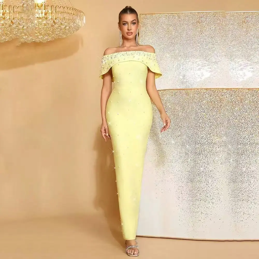 

Summer 2025 Women's Sexy One-Shoulder Beaded Diamond Slim Long Wrap Dress Elegant Backless Evening Gown