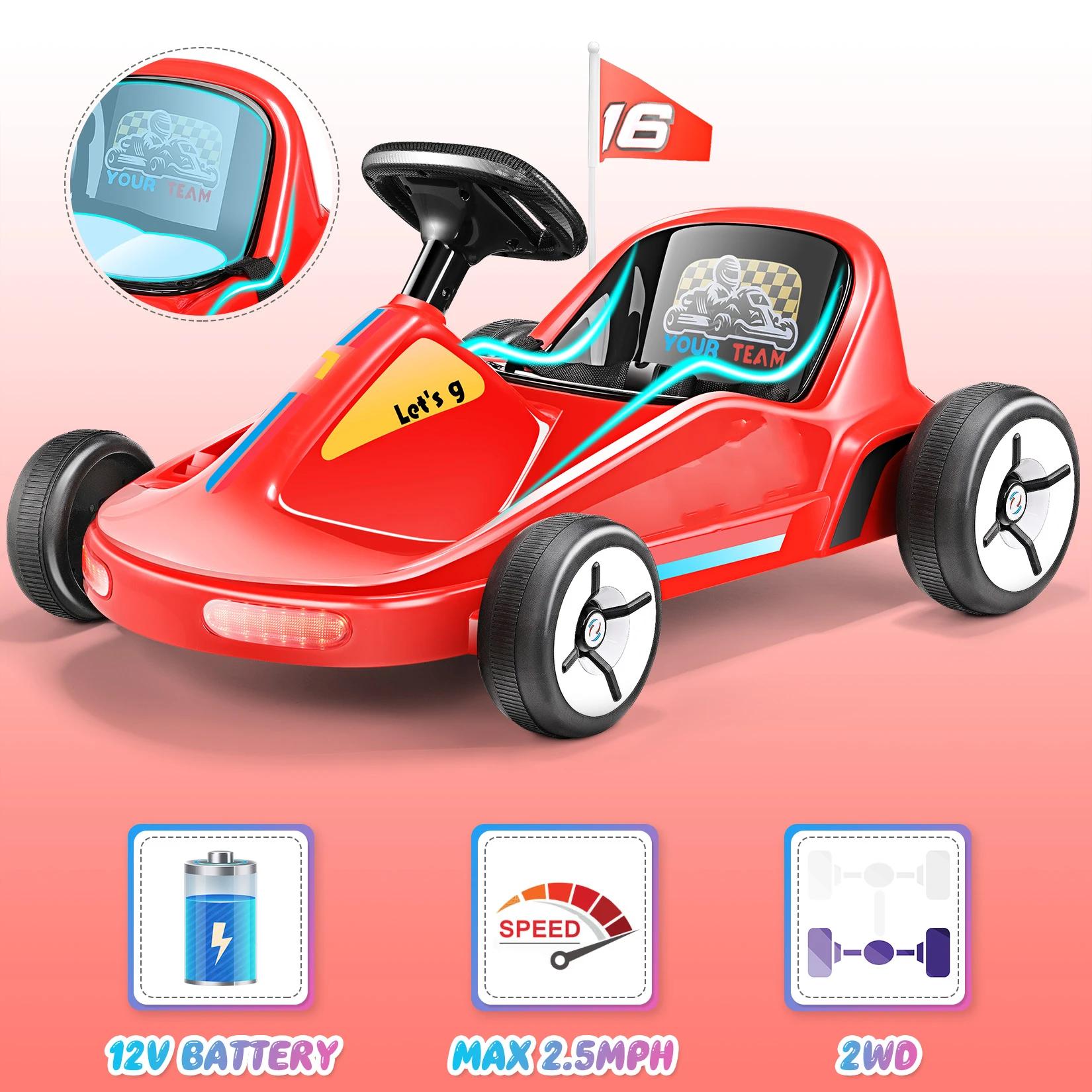 Vai Kart passeio elétrico portátil no carro de corrida, criança brinquedo, montagem rápida carro brinquedo, luzes coloridas piscando, 2 velocidades, 12V