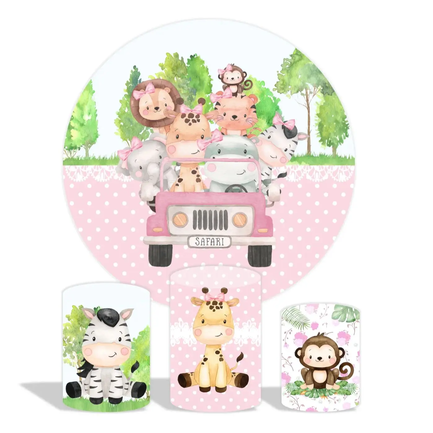 Pink Safari Animal Birthday Party Decor Dessert Pedestal Plinth Cylinder Cover Circle Round Backdrop Cover