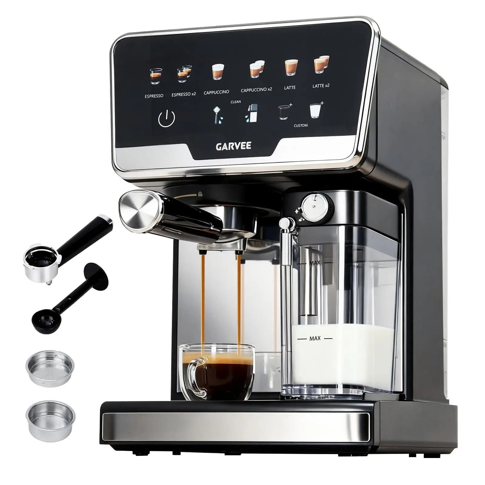 HiMISS 20 Bar Vollautomatische Espresso-Kaffeemaschine, Doppelboiler Latte-Cappuccino-Maker mit automatischem Milchaufschäumer, 2L Wassertank, 500ml Milchtank, 6 Programme, manueller Modus, 1450W