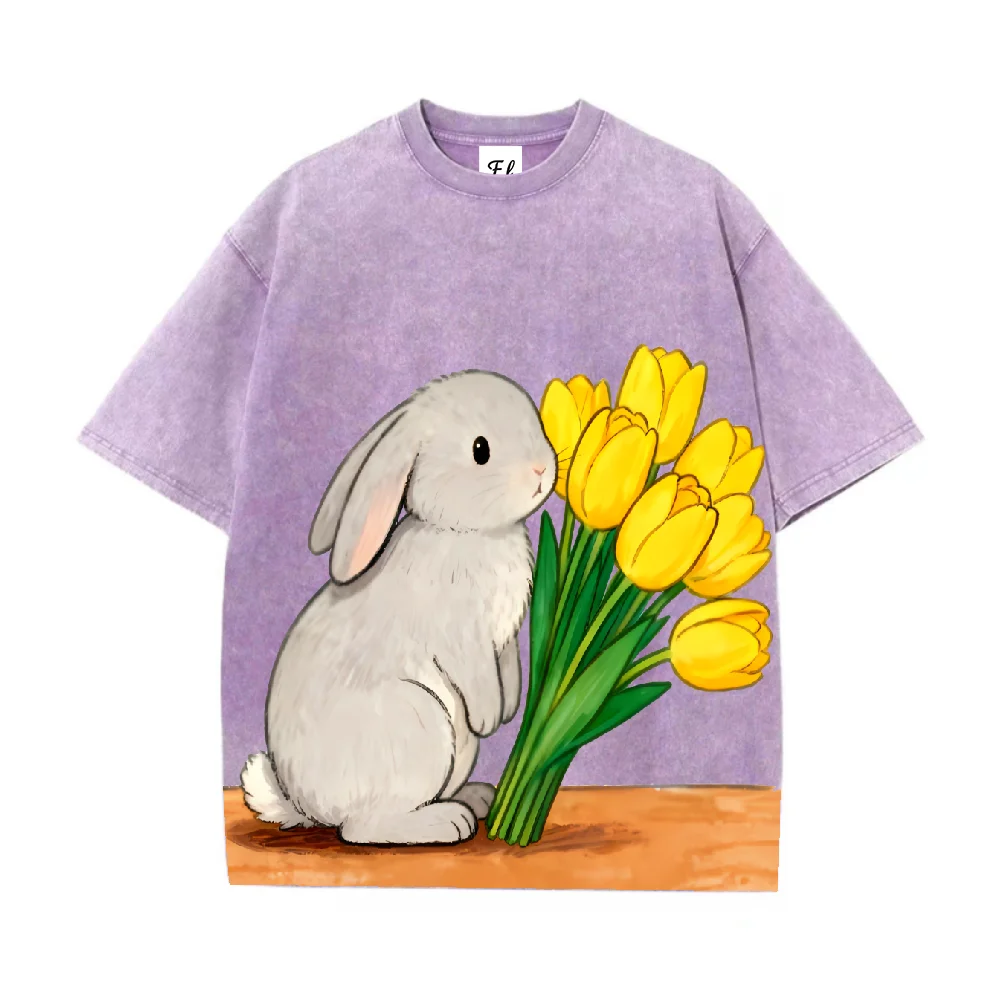 Cute Cartoon Rabbit With Yellow Tulips Printed Vintage Style Casual Loose Fit Short Sleeve T Shirt For Women And Men Fashion