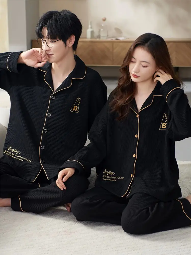 Winter Pajamas Set Couple Home Clothes Women Sleeping Man Nightgown Sleepwear Plus Size For Cotton Autumn Black