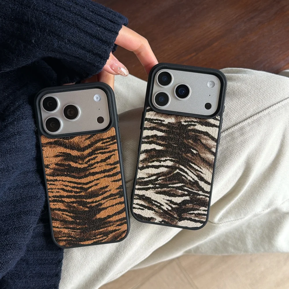 

Fashion leather tiger pattern phone case for 17 16 ProMax 14 15 Pro Fundas simple trendy new shock-proof protective cover for 14