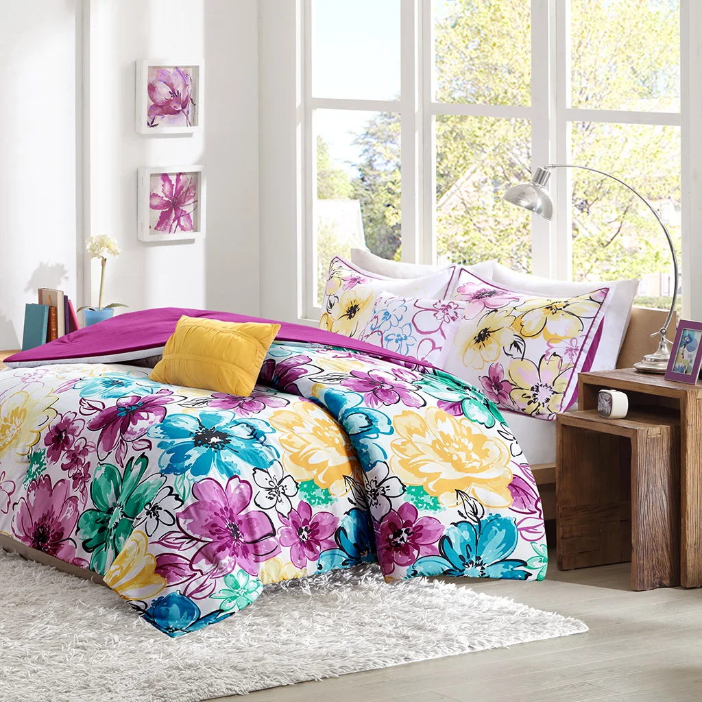 

King/Cal King Floral Comforter Set (Blue + Polyester + King)