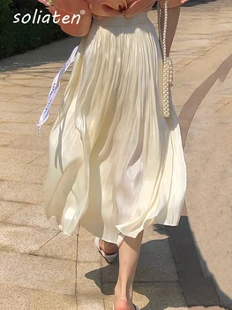Elegante solide Midi Falten rock Frauen koreanische hohe Taille Frühling Sommer Damen Satin Maxirock weibliche Faldas Saia B-032