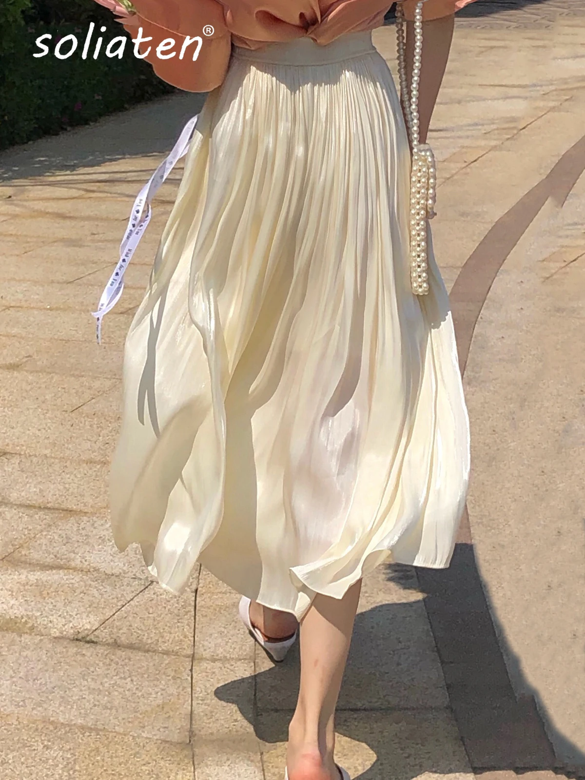 Eleganckie solidne plisowana spódnica za kolano damskie koreańskie z wysokim stanem wiosenne letnie damskie satynowe długa spódnica kobiece Faldas Saia B-032