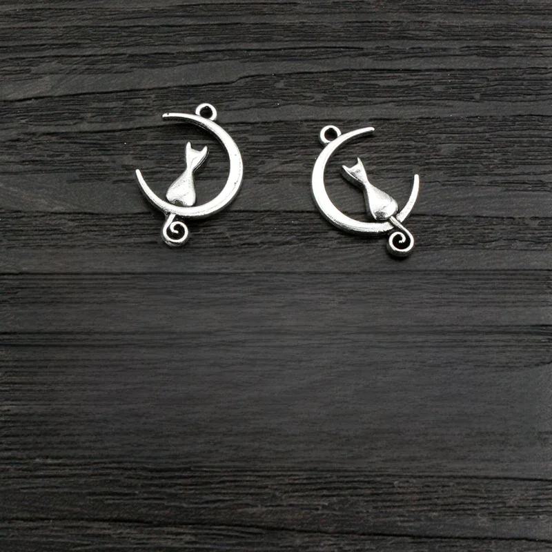 40 szt. 21x14mm antyczny srebrny kolorowy kot księżyc ręcznie robiony wisiorek DIY akcesoria do wyrobu biżuterii do bransoletki naszyjnik — zdjęcie 2