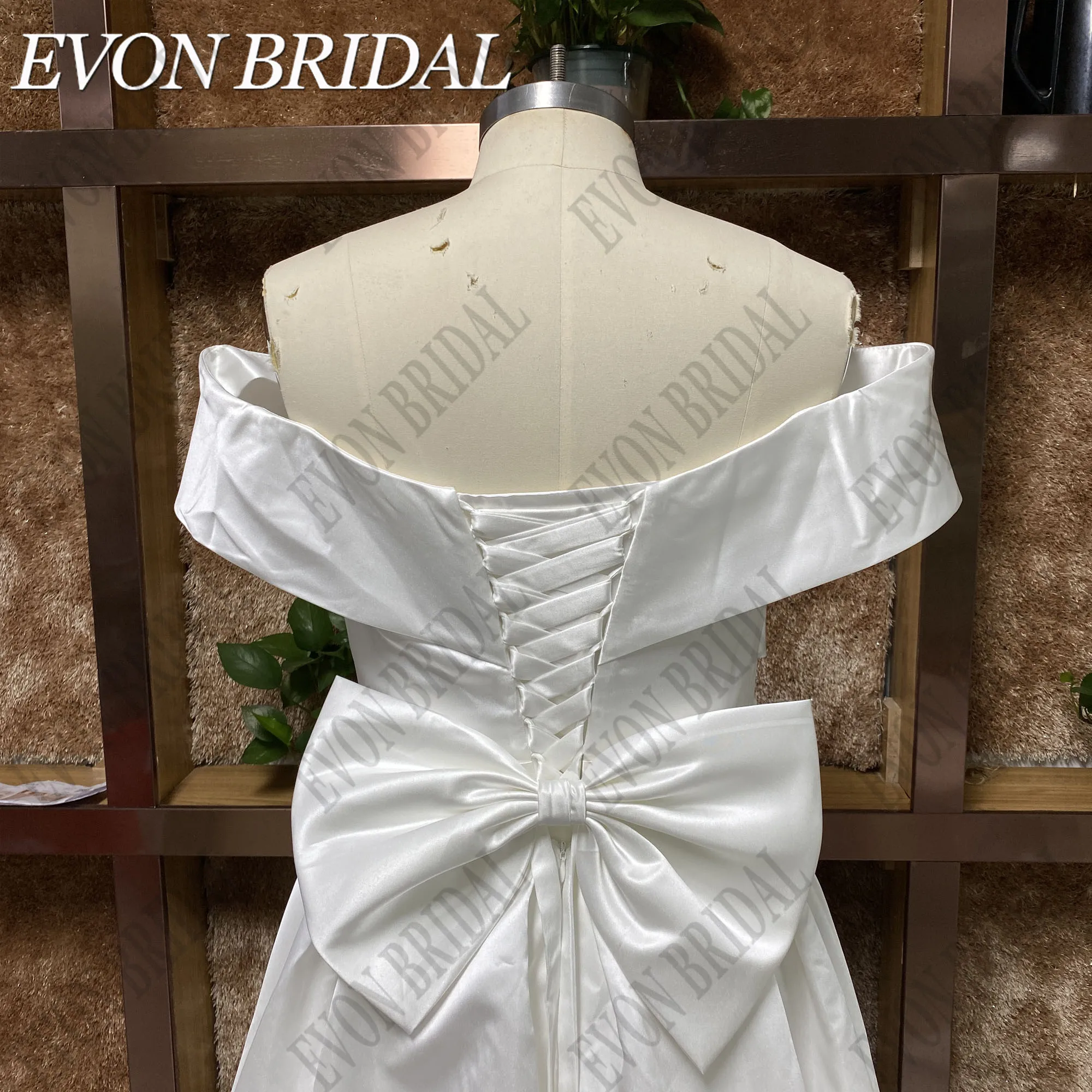 EVON BRIDAL Elegant Wedding Dresses Plus Size V Neck Off Shoulder Satin A-Line Bow Sweep Train Bridal Gowns Vestidos De Novia