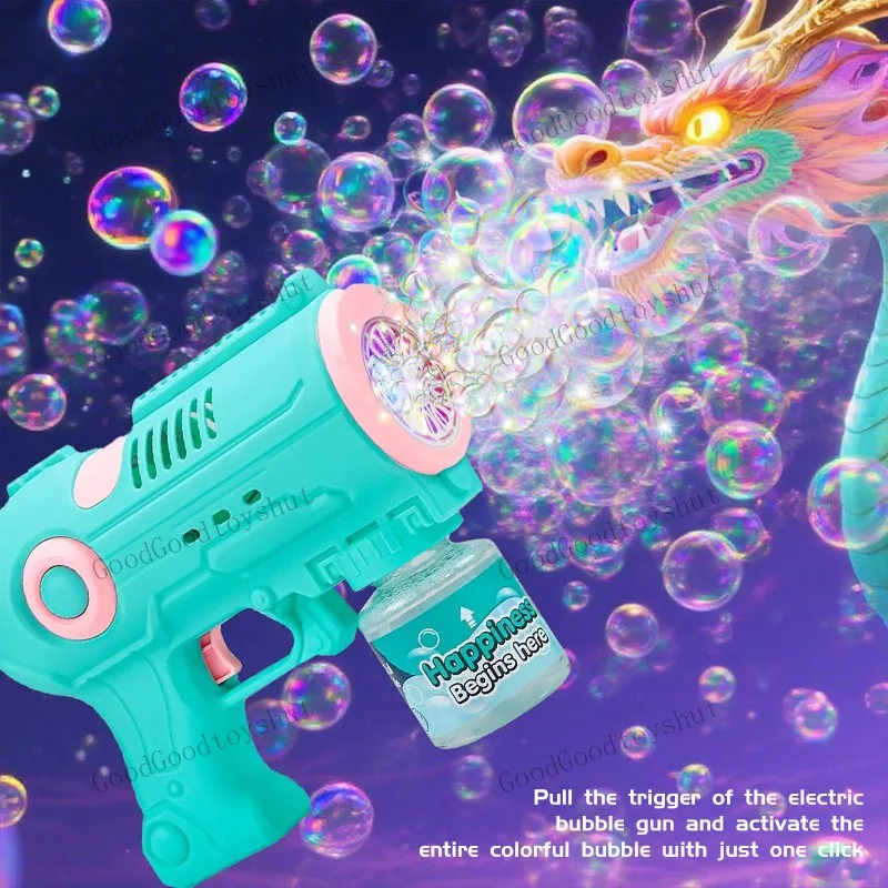 Pistola de bolhas com luzes LED, brinquedo soprador de bolhas automático para jogos ao ar livre, diversão para festas e atividades de verão
