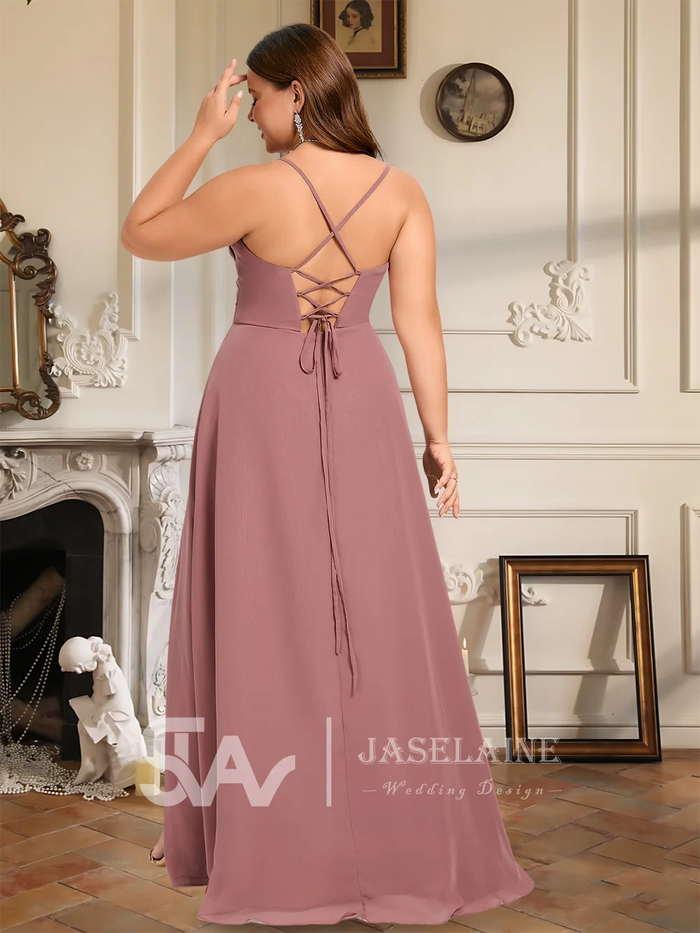 WMP Bridesmaid Dresses A-Line V-Neck Floor-Length Chiffon Spaghetti Straps Leg Slit Wedding Evening Party Cocktail Dresses