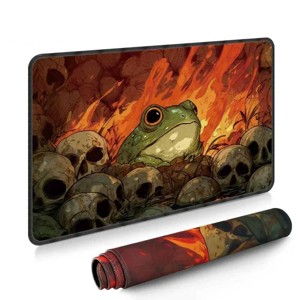 1Pc Green Frog Flame Skull Desk Mat, Dark Fantasy Mouse Pad for Office Work Gaming, Non-Slip Playmat & Great Gift