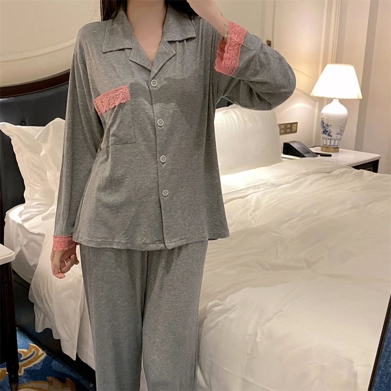 Winter Women\'s Lace Cotton Lapel Sexy Pajamas Simple and Sweet Warm Long-sleeved Trousers with Chest Pad Set Pajamas Home Wear