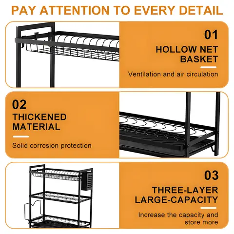 रसोई का काला तीन-स्तरीय बाउल रैक और ऑर्गनाइज़र, प्लेट, चॉपस्टिक होल्डर और चाकू रखने के लिए बर्तन सुखाने का रैक 10 best sales प्लेट भंडारण - №6