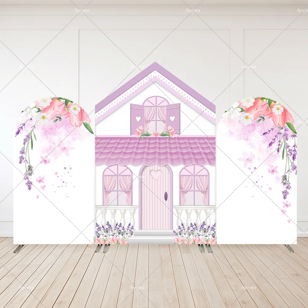 

Flower Fairy Princess Birthday Arch Backdrop Cover Purple Doll House Barn theme Party Arched Wall Background Banner 2-Sided