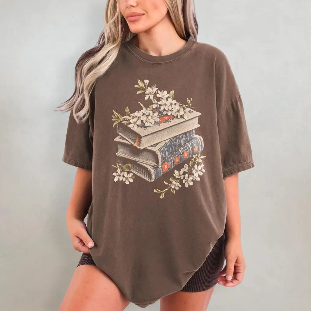 Women Cotton T Shirt Floral Book Shirt Reader Shirt for Booklover Bibliophile Shirt Reading Gift Short Sleeve Fashion Crop Tops