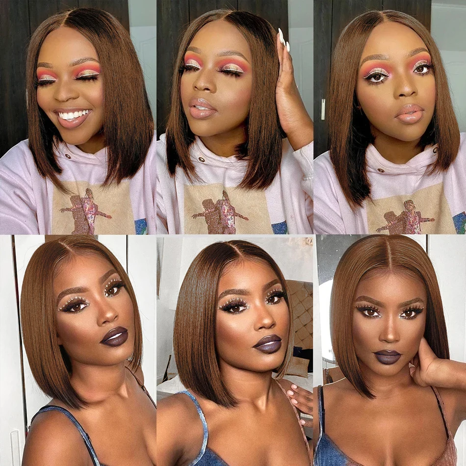 Dark Brown Short Bob Wigs Human Hair 13x4 Straight Lace Front Wig Pre plucked Transparent Lace Frontal Wig 180 Density