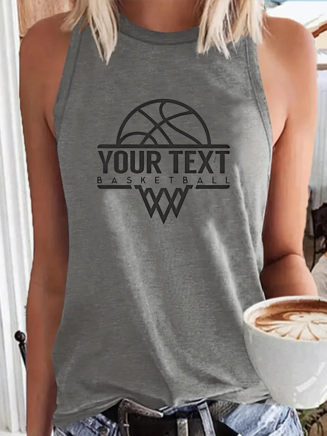 Your Text BasketBall BasketBall Letter Print Fashion Funny Sports Women's Tank Top Loose O Neck Sleeveless Casual Tank