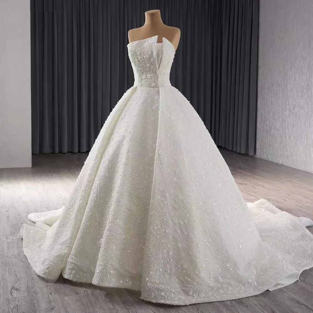 Ivory Strapless Sequins Beading Appliques Bridal Dress Lace Up Back Customizable Fit For Wedding