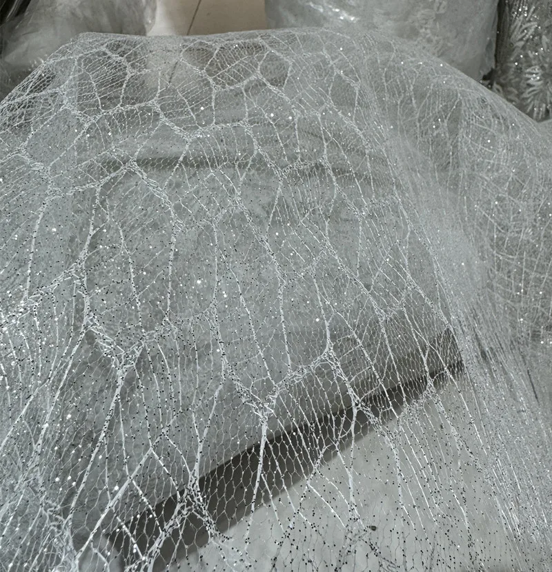 Silver glitter mesh shape hard mesh yarn spray silver powder irregular hot stamping wedding dress fabric