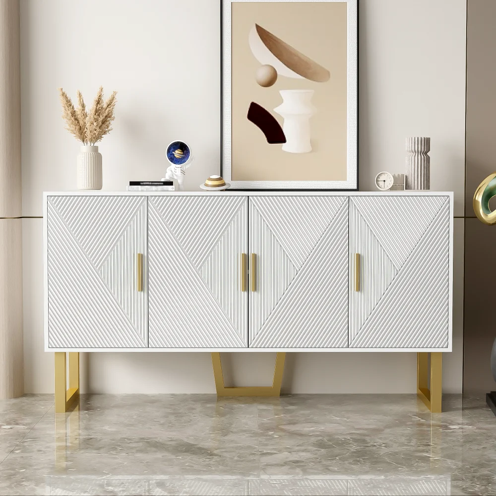 Armoire de rangement spacieuse avec portes structurées brillantes, poignées dorées et tiroirs pour salon