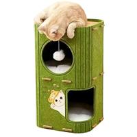 2-3 Tiers Cat House Enclosed Hut Cat Climbing Tree Kitten Scratching Post w/ Hanging Ball Toy for Cats Sleeping Resting Playing