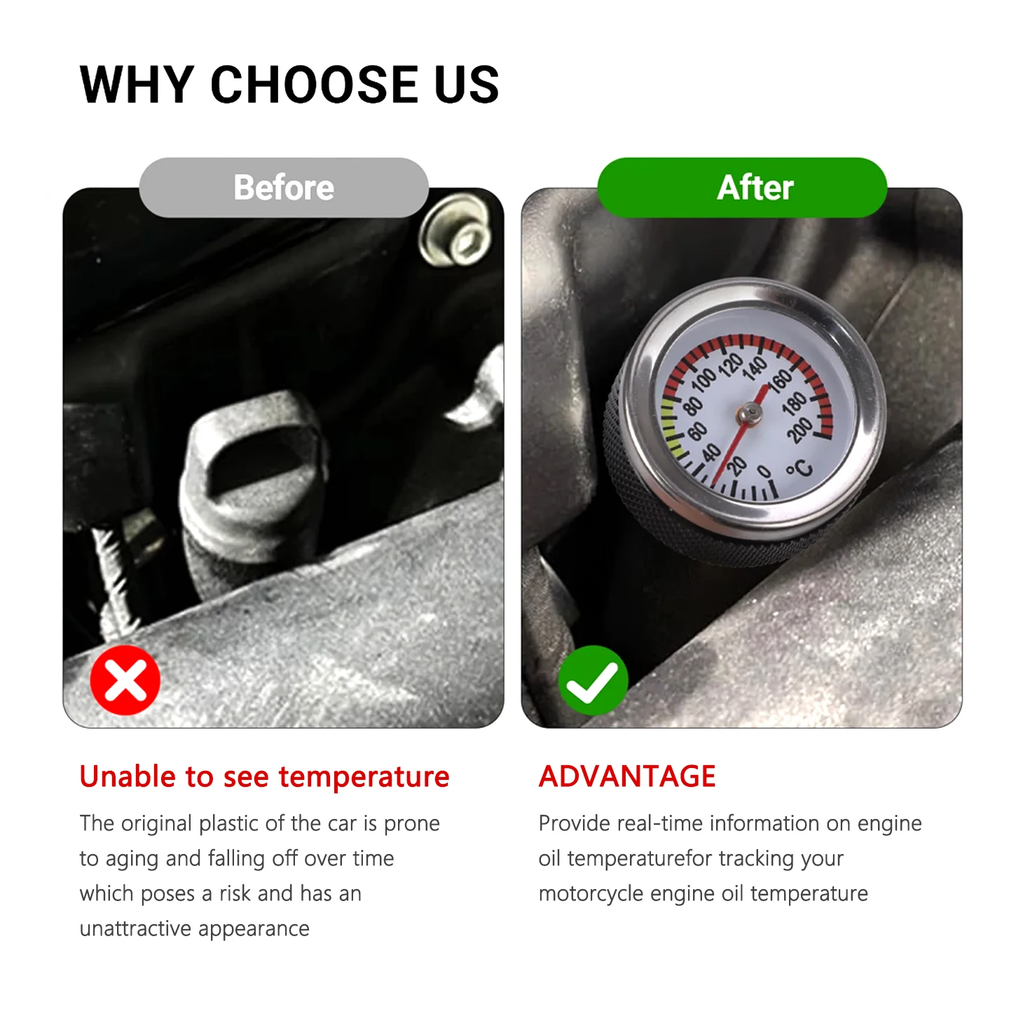 Black/Silver Motorcycle Fuel Tank Caps M20x2.5 Oil Temperature Gauge 35MM with 117MM Probe 0-200 Pointers Thermometer Cap Cover image 5