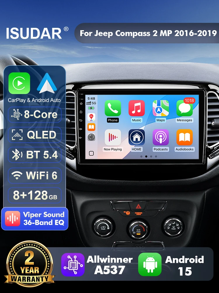 ISUDAR T57 Android 15 Radio For Jeep Compass 2 MP 2016-2019 Multimedia Player CarPlay Android Auto Head Unit Camera DSP Stereo