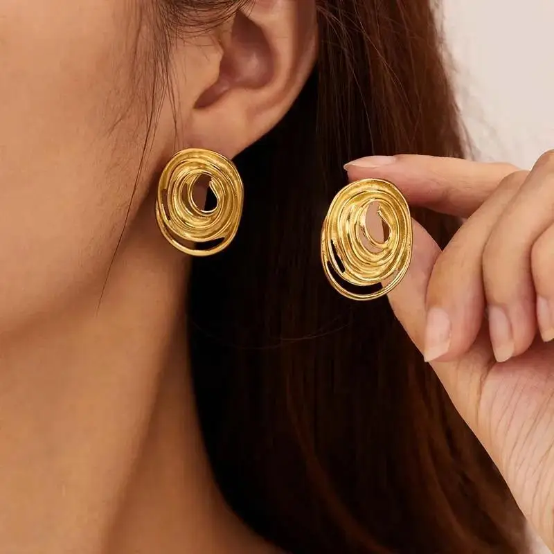 Miia Jewelry 18K Gold Abstract Swirl Oval Stud Earrings Stainless Steel Multi‑Layer Hollow Twisted Statement Earrings For Women