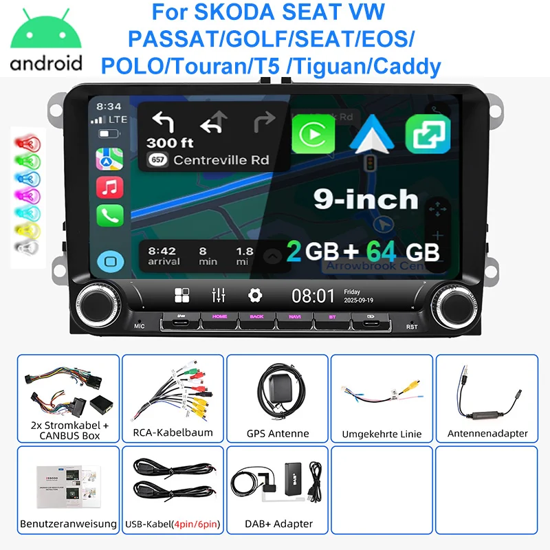 ESSGOO Autoradio Android15 9" 4+64 GB voor VW Golf 5 6 Plus Touran Caddy Jetta Passat Polo GPS Navigatie Bluetooth RDS FM WiFi Draadloze CarPlay Android Auto 2+32 GB Stuurwielbediening Aanraakscherm