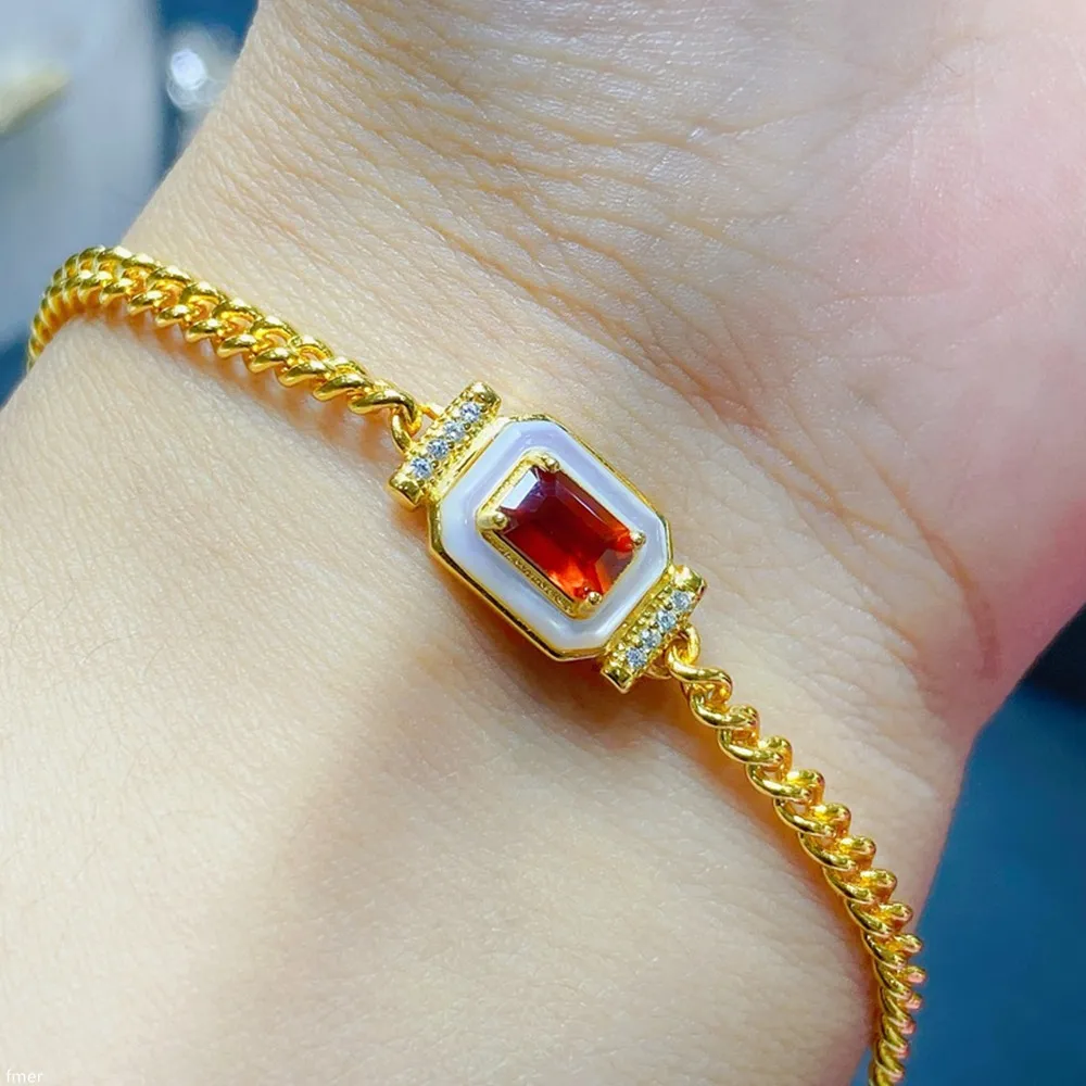 Fine 925 Sterling Silver Natural Fender Garnet Gemstone Ladies Electroplated Gold Bracelet Deluxe Edition Send girlfriend Gift