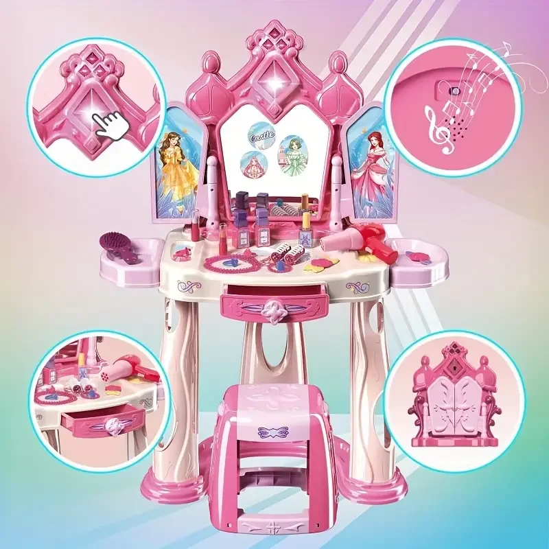 Pretend Play Girls Makeup Table Set With Stool,Open Doors,Kids Vanity Set With Lights And Music,Pretend Makeup,Christmas Gifts