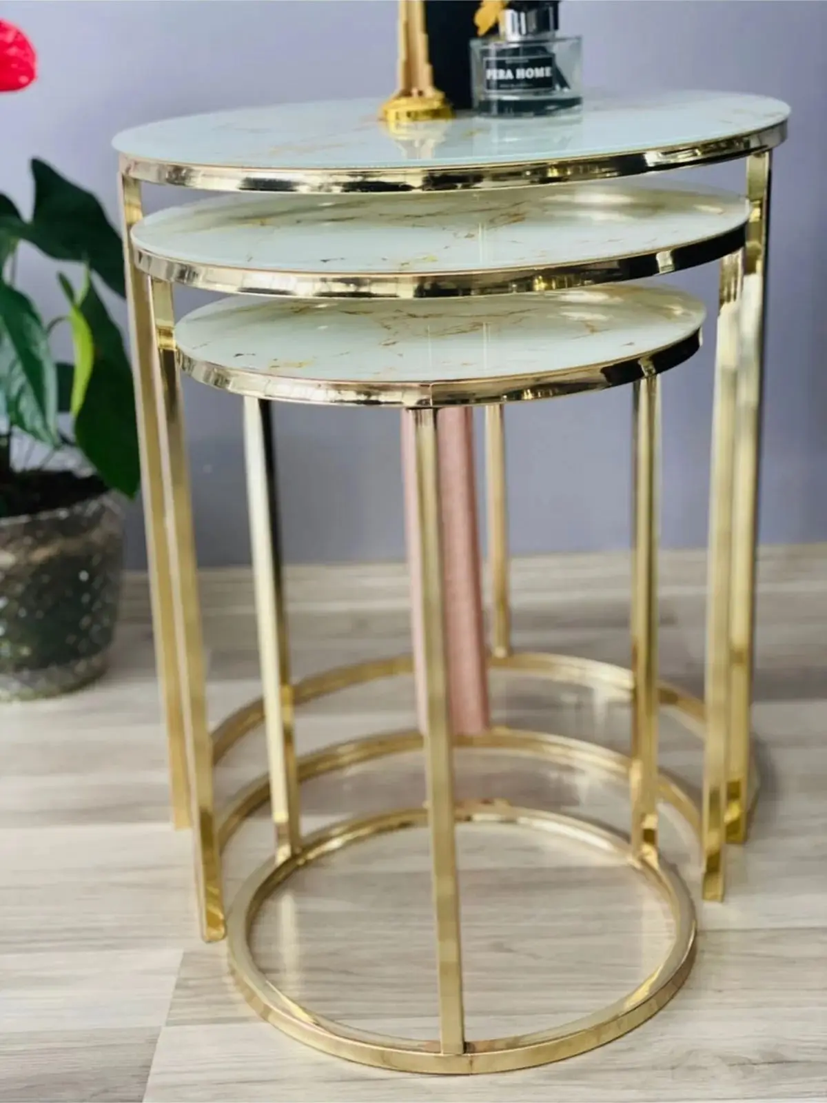 Decorative Set of 3 Nesting Table Set Gold Marble Unbreakable Tempered Glass Nordic Luxury Coffee Table Set 3Pcs Living Room