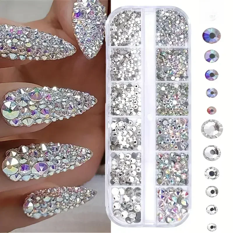 Boxed 3D-Nagel-Strasssteine mit flacher Rückseite, Nagel-Edelsteine, Glas AB und klare Kristall-Strasssteine, Kit, Nagelkunst-Charms, DIY-Maniküre-Zubehör