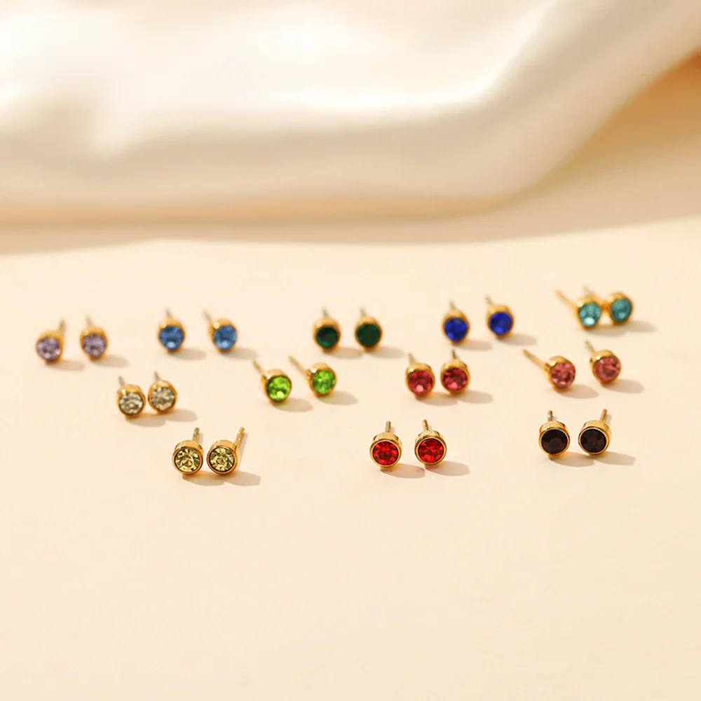 SUNIBI kolczyki ze stali nierdzewnej dla kobiet Birthstone pistolet do piercingu złoty kolor kolczyki do uszu Push-Back Piercing prezenty biżuteria hurtowych — zdjęcie 2