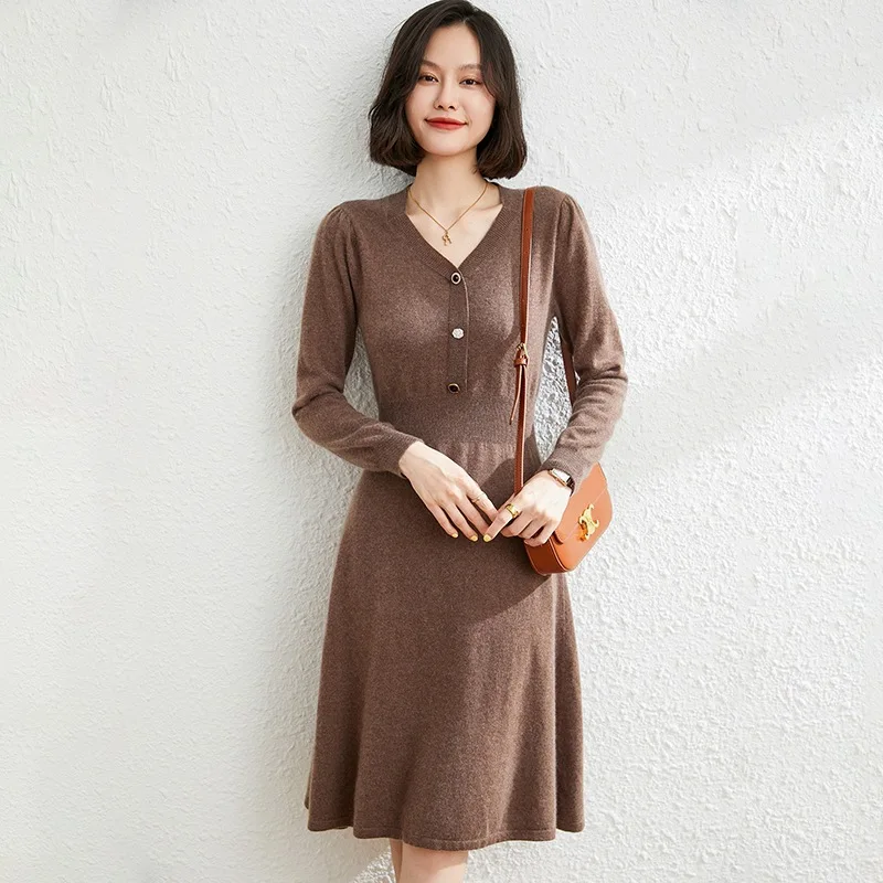 Autumn and winter new cashmere knitted dresses women's V-neck long-sleeved button waist over-knee long Dress