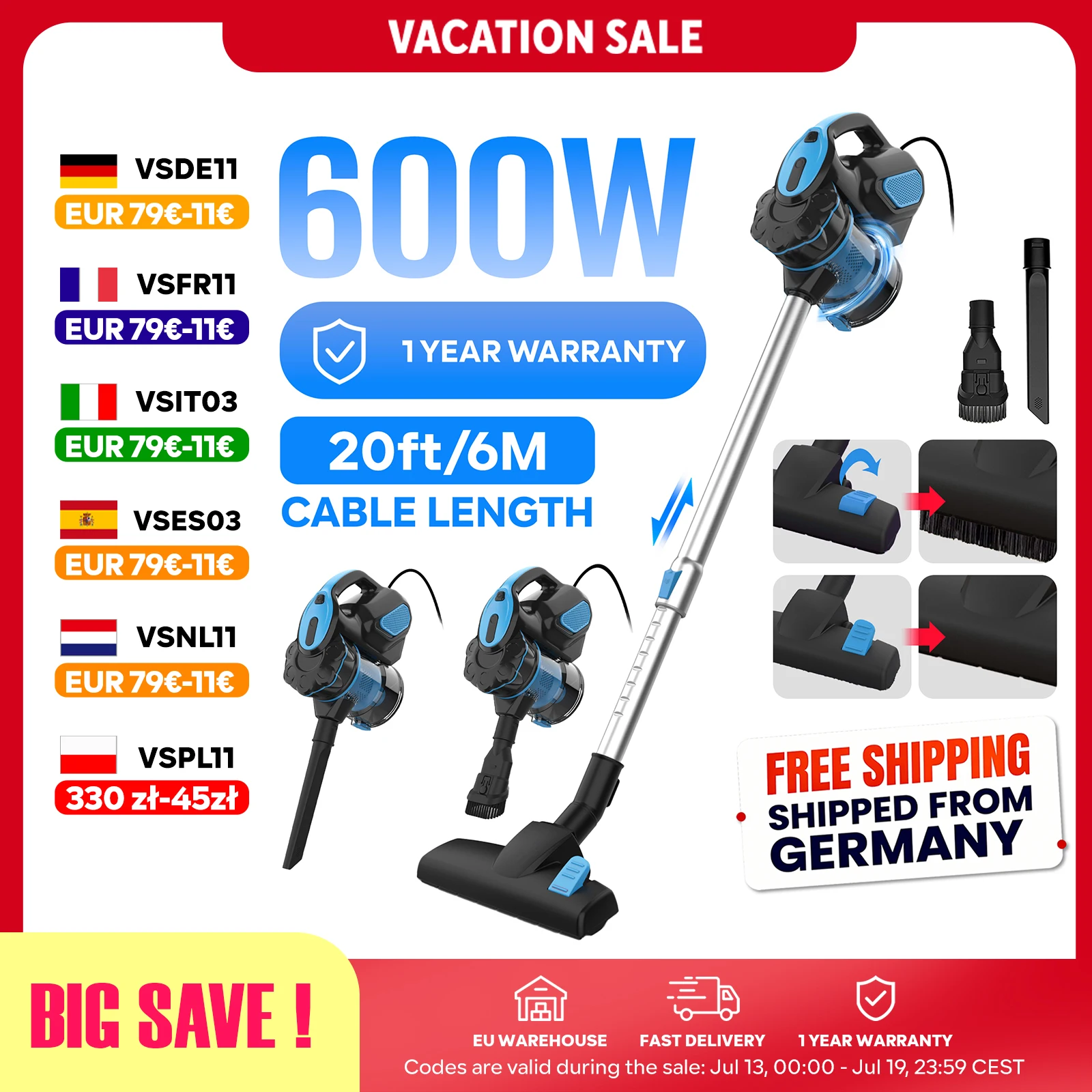 I5 Staubsauger, 600W |   Leistungsstarker Saugmotor |   6 m Kabel |   Gegen Tierhaare und Allergien