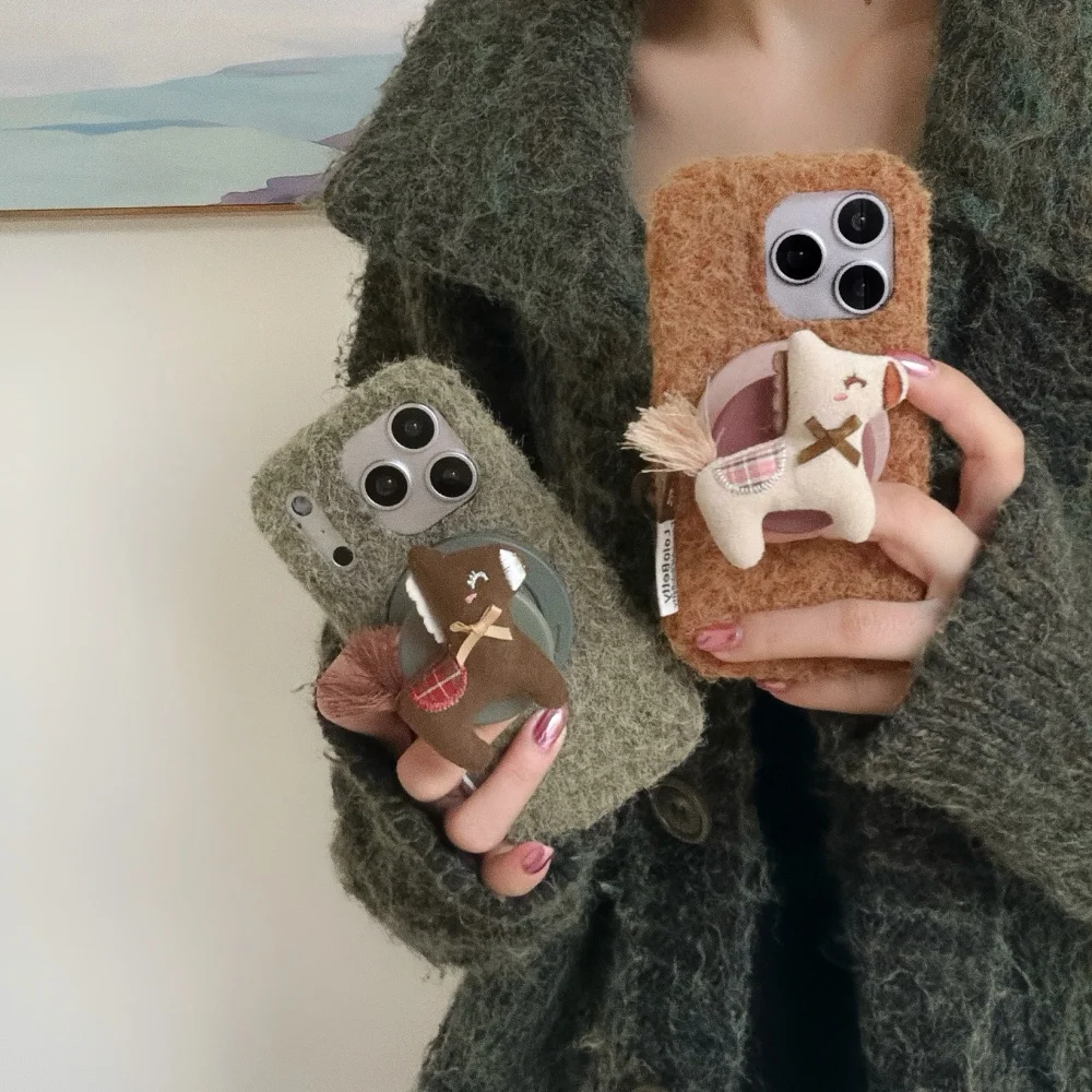 

Cute plush pony for magnetic holder mobile case, suitable for iPhone 13/14/15/16/17 Pro Max, INS new shockproof protective case
