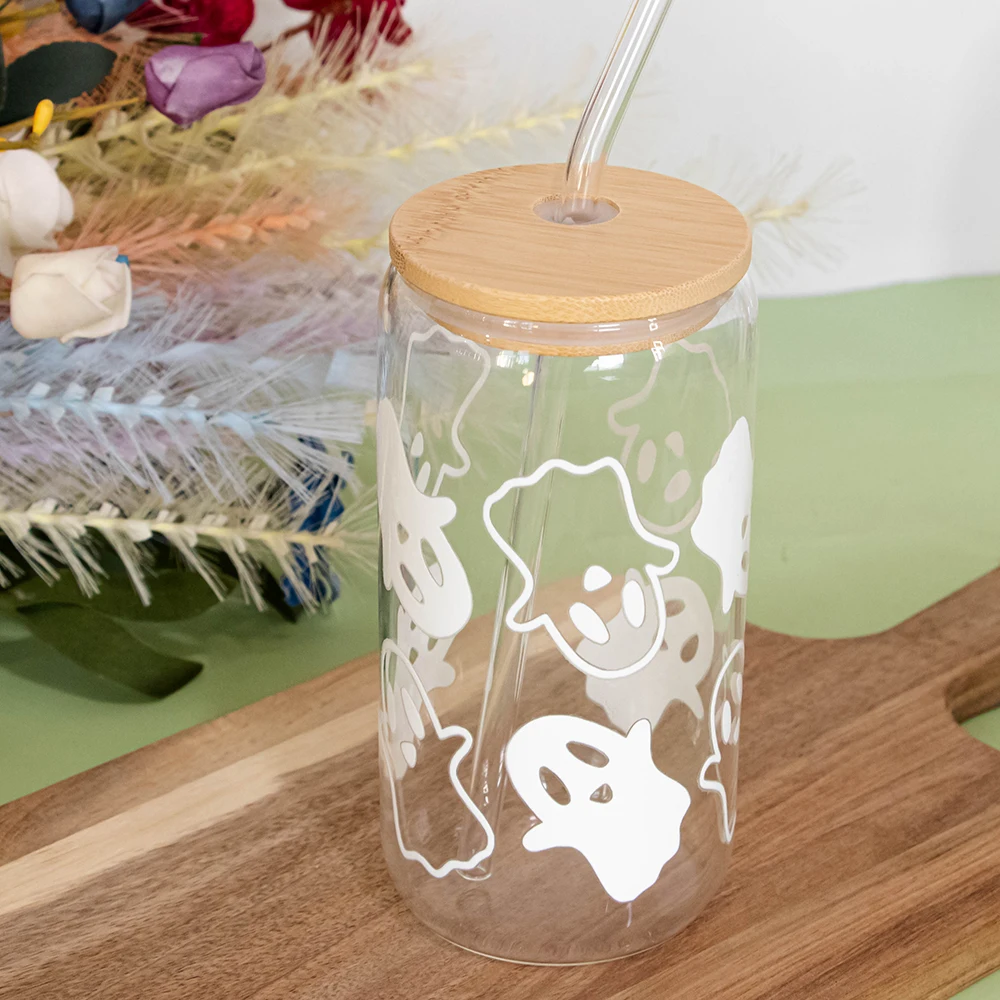 Mugs Halloween Ghost Decoration Spooky Ghost Glass Cup with Lid Straw Tumbler Iced Coffee Glassware Birthday Gift Kitchen Stuff view 2