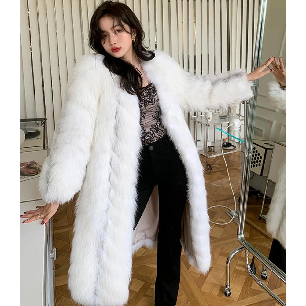 Denny&Dora Winter Thick Warm Natural Real Fox Fur Coat Fashion Luxury Women Real Fox Fur Coat White Coat