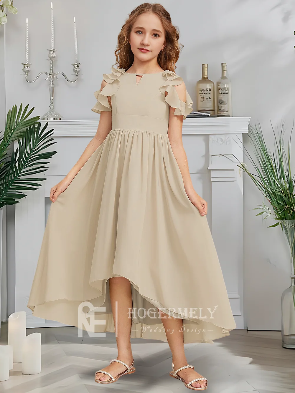 Дизайнерское платье трапециевидной формы для юных подружек невесты, платье с цветочным узором в виде розы, асимметричное шифоновое платье для девочек в саду, гала-танец, свадьба